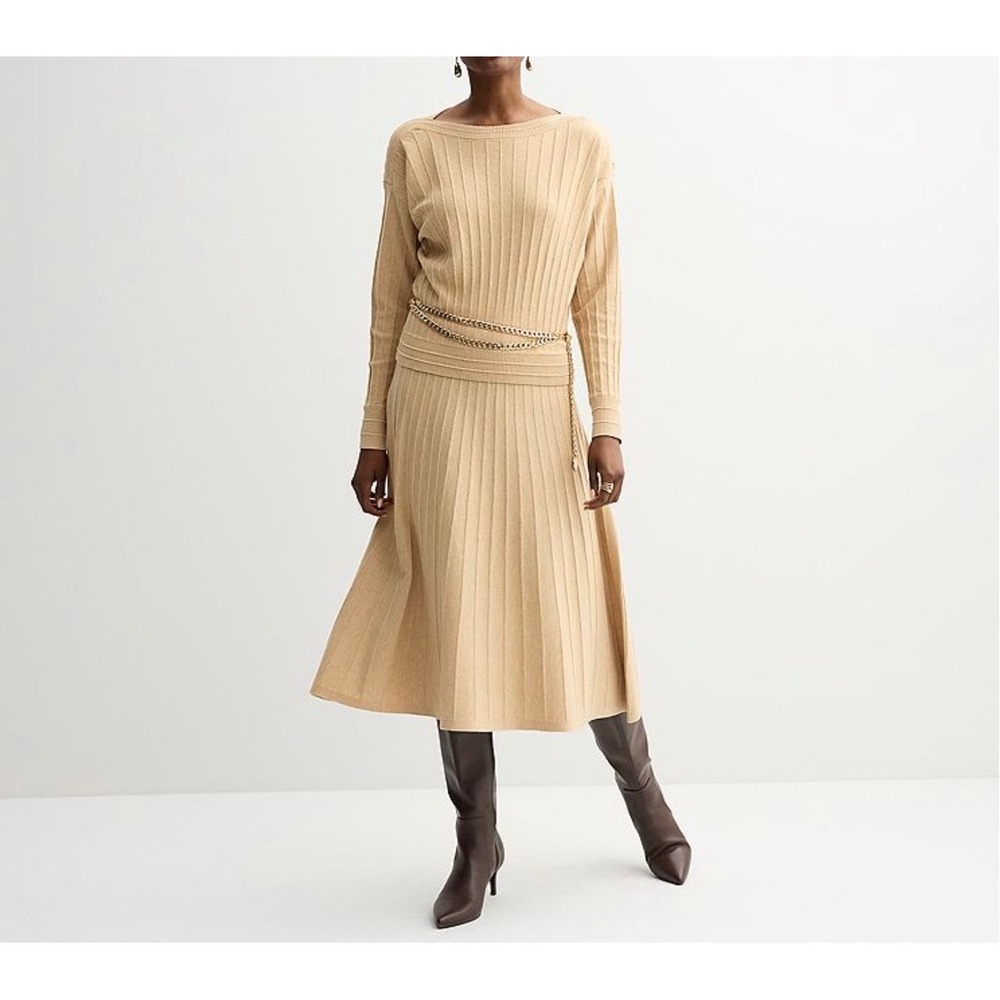 Nine West Sweater Skirt Set Womens S Tan Ribbed Knit Boat Neck Button NO BELT